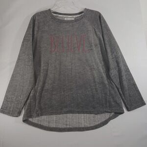 Rae Dunn Women's Christmas Shirt XL Gray Lt Weight Fleece BELIEVE on front